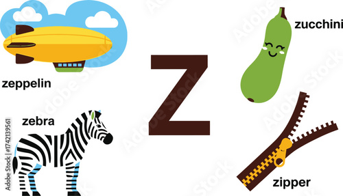 Alphabet learning fun with the letter Z, featuring a zeppelin, zebra, zucchini, and zipper.