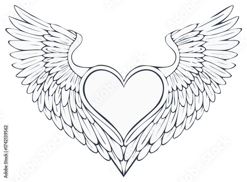 Romantic Heart Shape with Detailed Angel Wings Line Art Graphic Element