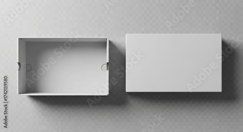 An Overhead View of an Open White Rectangular Cardboard Box Next to Its Closed Lid Against a Transparent Gray Background
