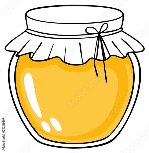 Sweet Golden Honey or Jam in a Transparent Glass Jar with a Fabric Lid Cover
