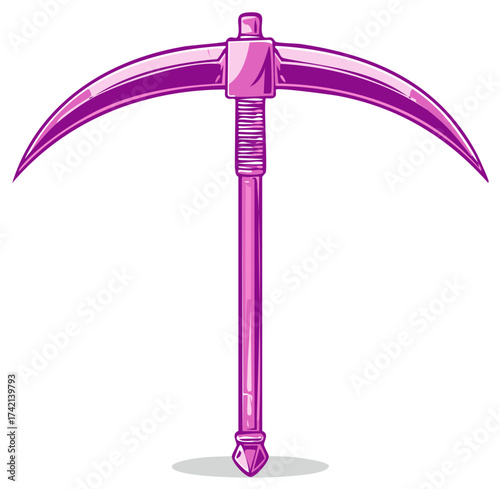 Illustrative Cartoon Pink Scythe with Metal Edges for Harvesting Tool Design
