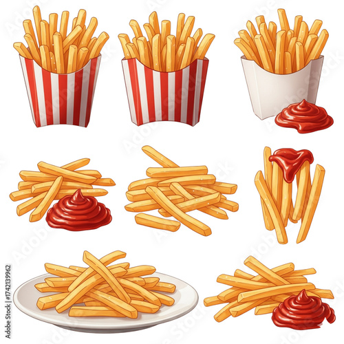 Collection of delicious golden french fries with ketchup in various presentations isolated on white background