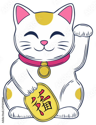 Maneki Neko lucky cat icon holding Japanese coin for wealth and prosperity