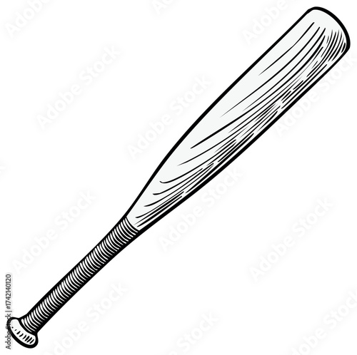 Classic baseball bat vector illustration sport equipment black and white engraving style
