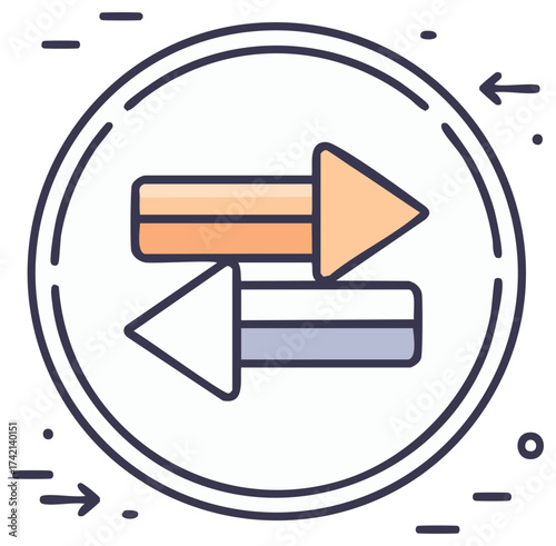 Two opposite arrows moving forward and backward in a circular frame with abstract design elements