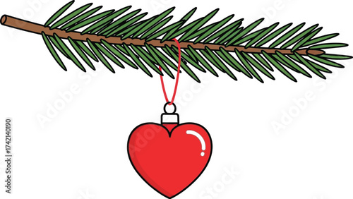 A single red heart ornament hangs from a green pine branch, symbolizing love and festive cheer.