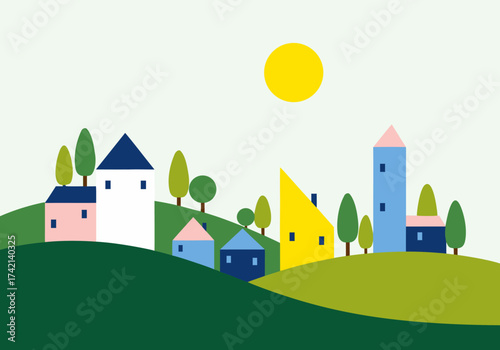 Vibrant flat design illustration of a charming hillside village with colorful homes, lush trees, and a bright sun, depicting a serene and picturesque landscape