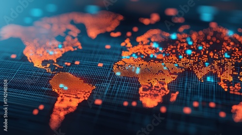 Global Digital Map with Bright Nodes and Lines in Dark Background