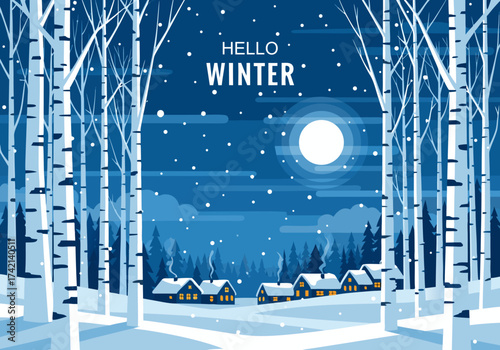 Enchanting winter night scene featuring a serene village with snow-covered houses nestled among elegant birch trees under a luminous full moon and gentle snowfall