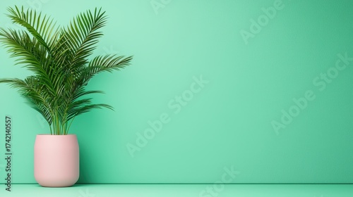 Potted Green Plant against Mint Green Wall Background
