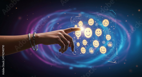 Positive Digital Interaction with Emojis and Thumbs Up on Cosmic Background