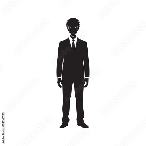 Silhouette of an alien in a business suit standing on a white background extraterrestrial
