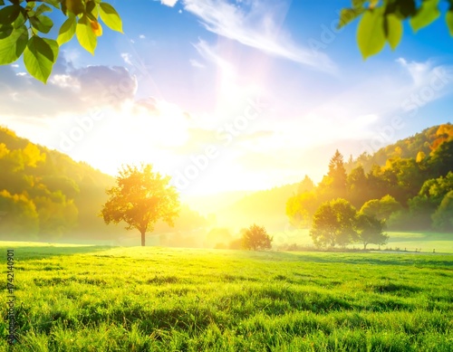 Sunny meadow scene with vibrant green grass and trees