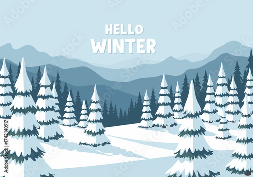 Serene winter wonderland illustration featuring a picturesque snow-covered forest of pine trees and majestic mountain ranges under a clear, cold sky, evoking the tranquility of the season