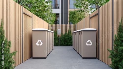 Modern Recycling Bins in Urban Green Alleyway Design