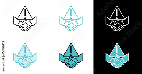 Business trust risk alert icon for contract caution and negotiation warning in line and fill style