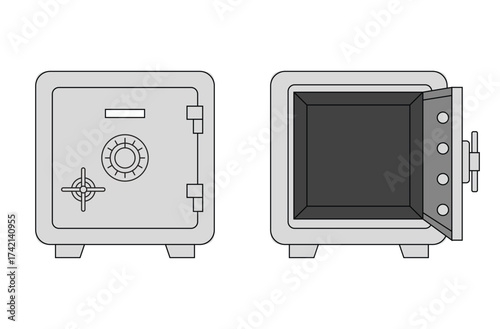 Safe Box Vector Illustration – Closed and Open Steel Security Safe with Combination Lock, Banking and Money Protection Concept