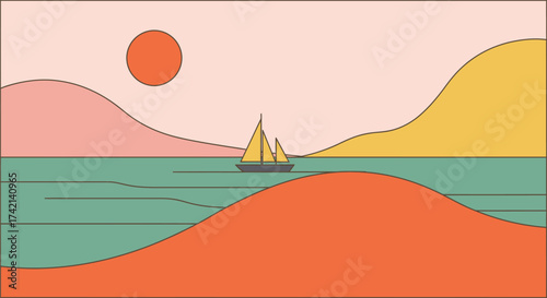 Tranquil sailboat glides across calm water under a warm, stylized sunset.