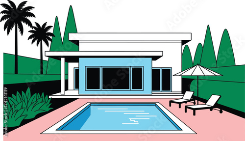 Modern house with pool and palm trees in a sunny environment editable stock