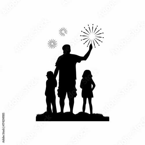 Family silhouette watching fireworks display at night isolated on white background