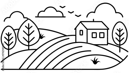 Minimalist line art drawing of a rural landscape with a house and trees