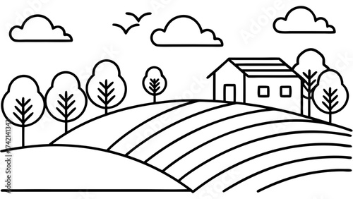 Simple line drawing of a rural landscape with a house and trees