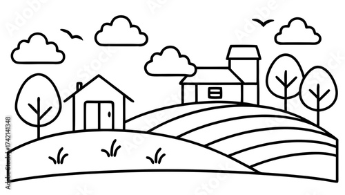 Simple line drawing of a rural landscape with houses trees and rolling hills