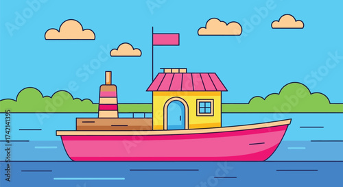 Cartoon boat with pink hull and yellow cabin on blue water day editable stock
