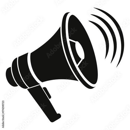 Black silhouette of a megaphone with sound waves emanating from it on a white background