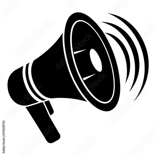 Black silhouette of a megaphone emitting sound waves on a white background