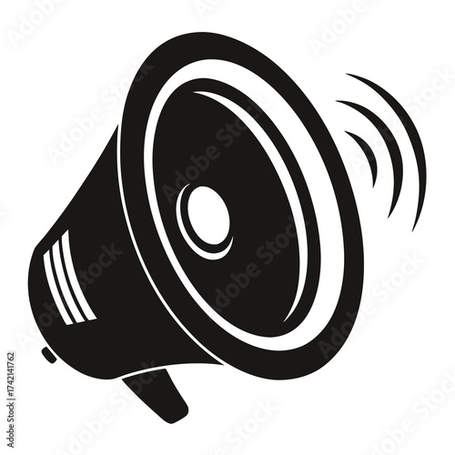 Black silhouette of a megaphone broadcasting sound waves on a white background