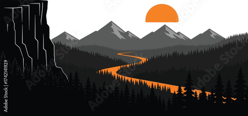 Landscape view of mountains with river and cliff at sunset time editable stock