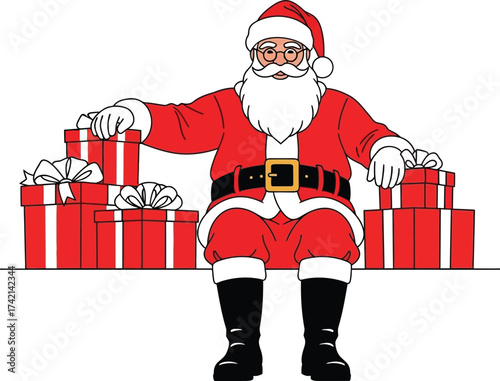 Santa claus sitting with christmas gifts in a cartoon illustration editable stock
