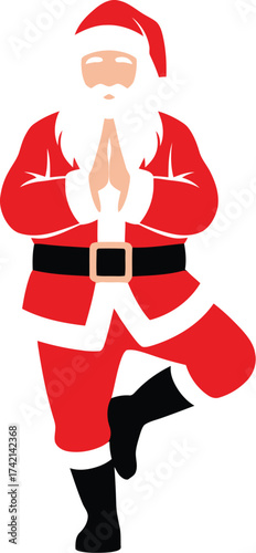 Santa claus performing a yoga tree pose on a white background editable stock