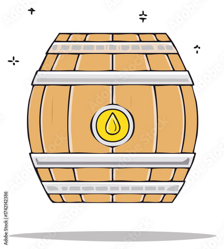 Quirky wooden barrel illustration with metal hoops and oil drop symbol for storage, brewery, and rustic design elements