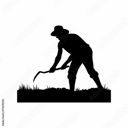 Silhouette of a farmer harvesting rice with a sickle isolated on white background