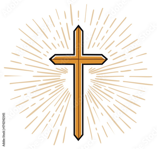 Golden Cross with Rays of Light Religious Symbol
