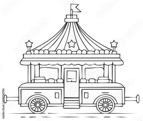 Detailed Coloring Page Illustration of a Vintage Carnival Wagon with a Striped Tent Top and Star Accents