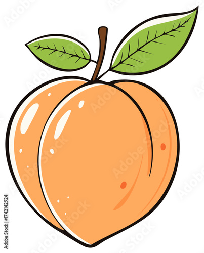 Stylized Peach Illustration with Leaves, Vibrant Colors and Cartoon Style Fruit Design