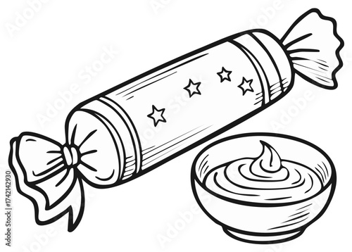 Line Art Illustration of Candy and Dip Bowl for Coloring Pages or Graphics