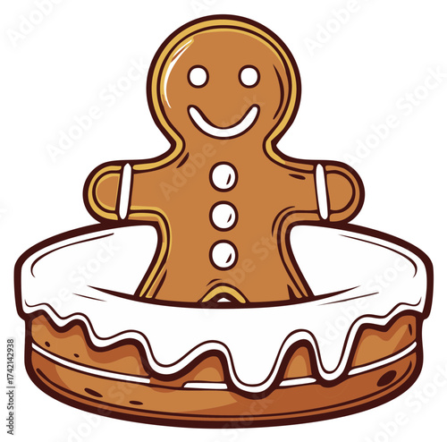 Gingerbread man cookie character with white icing frosting over cake, Christmas illustration