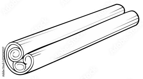 Monochrome line art drawing of two spice sticks with characteristic rolled ends for culinary designs.