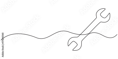 One continuous line drawing of a wrench tool. White background. Downloadable construction logo symbol. Wrench outline vector illustration. Editable stroke.