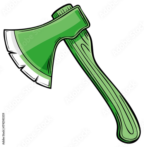 Green Axe with Wooden Handle Cartoon Style Illustration