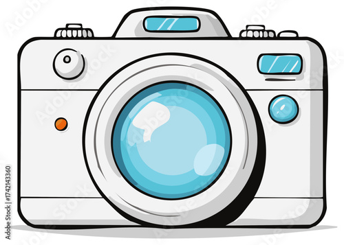 White digital camera with a blue lens in a fun cartoon illustration style