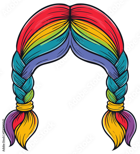 Vibrant Rainbow Colored Braided Pigtails Artistic Hair Illustration