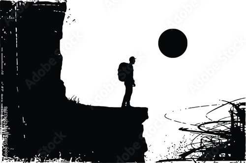 Lone figure with backpack stands on cliff edge looking at a dark circle in the sky.