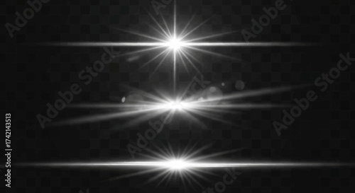 collection of bright light flares with starburst effects and lens flare elements on a dark background creating a luminous glow