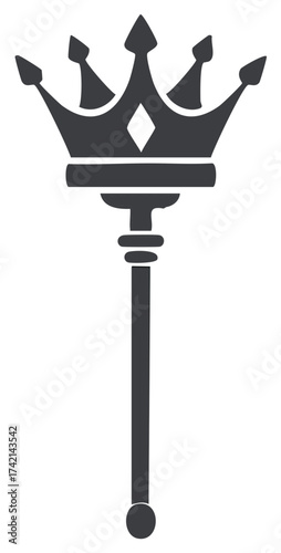 Minimalist vector icon of a royal scepter with a crown top, a symbol of monarchy and power