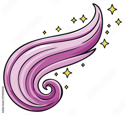 Dynamic flowing pink hair with bright shining stars a playful cartoon illustration